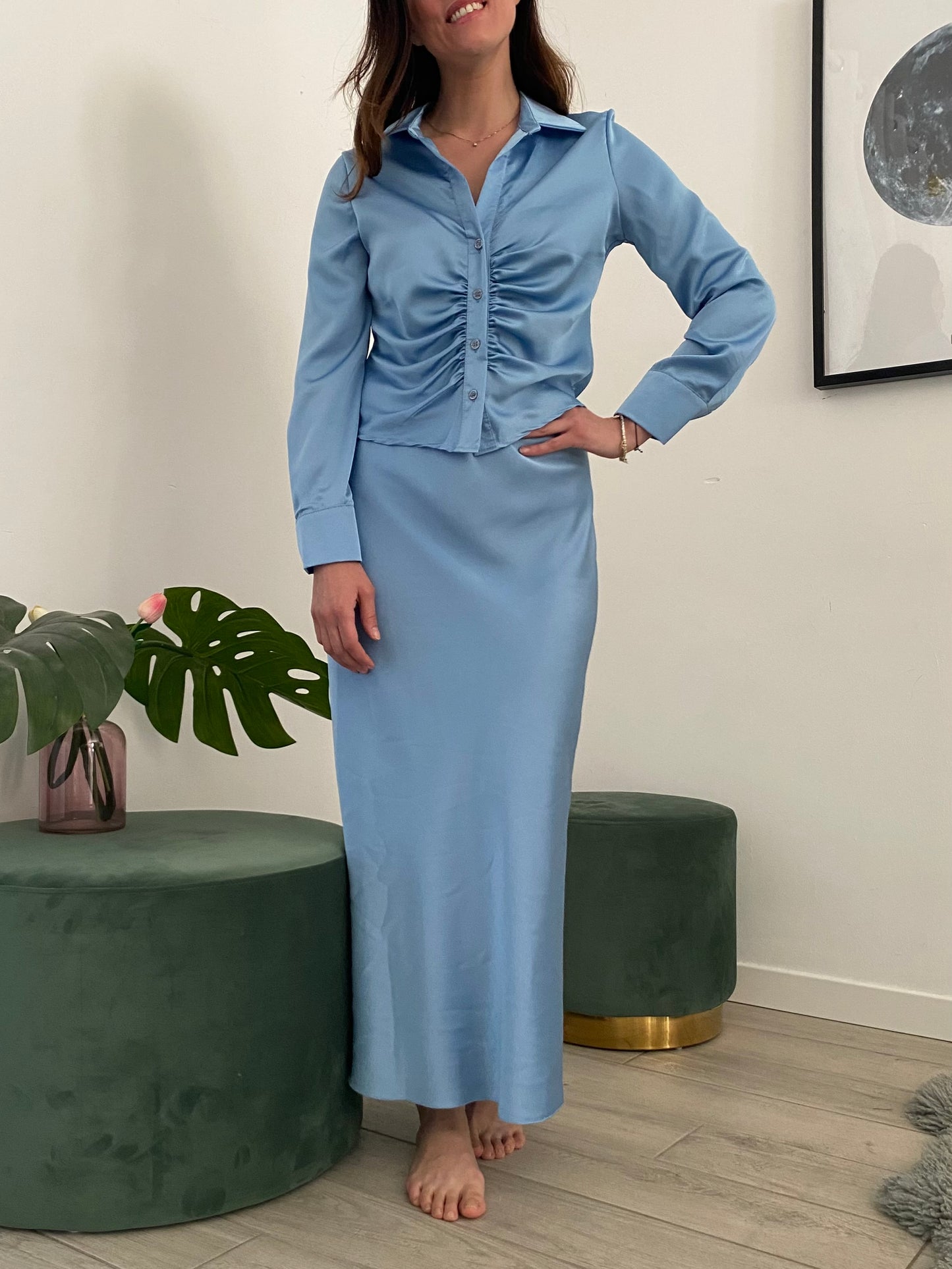 Camicia raso arricciata azzurro infinito IF Collection