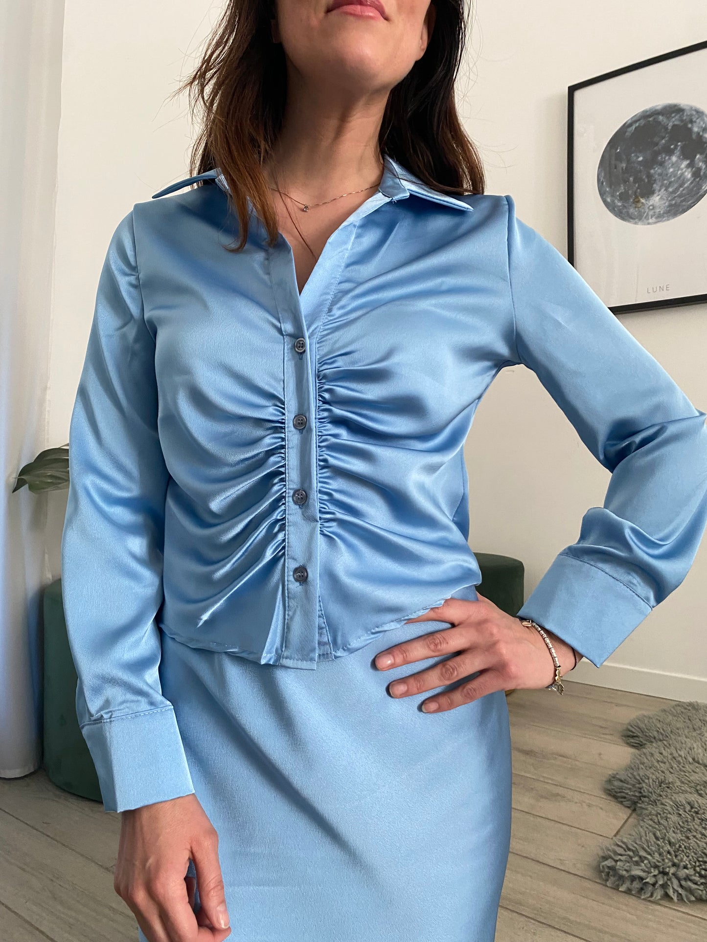 Camicia raso arricciata azzurro infinito IF Collection